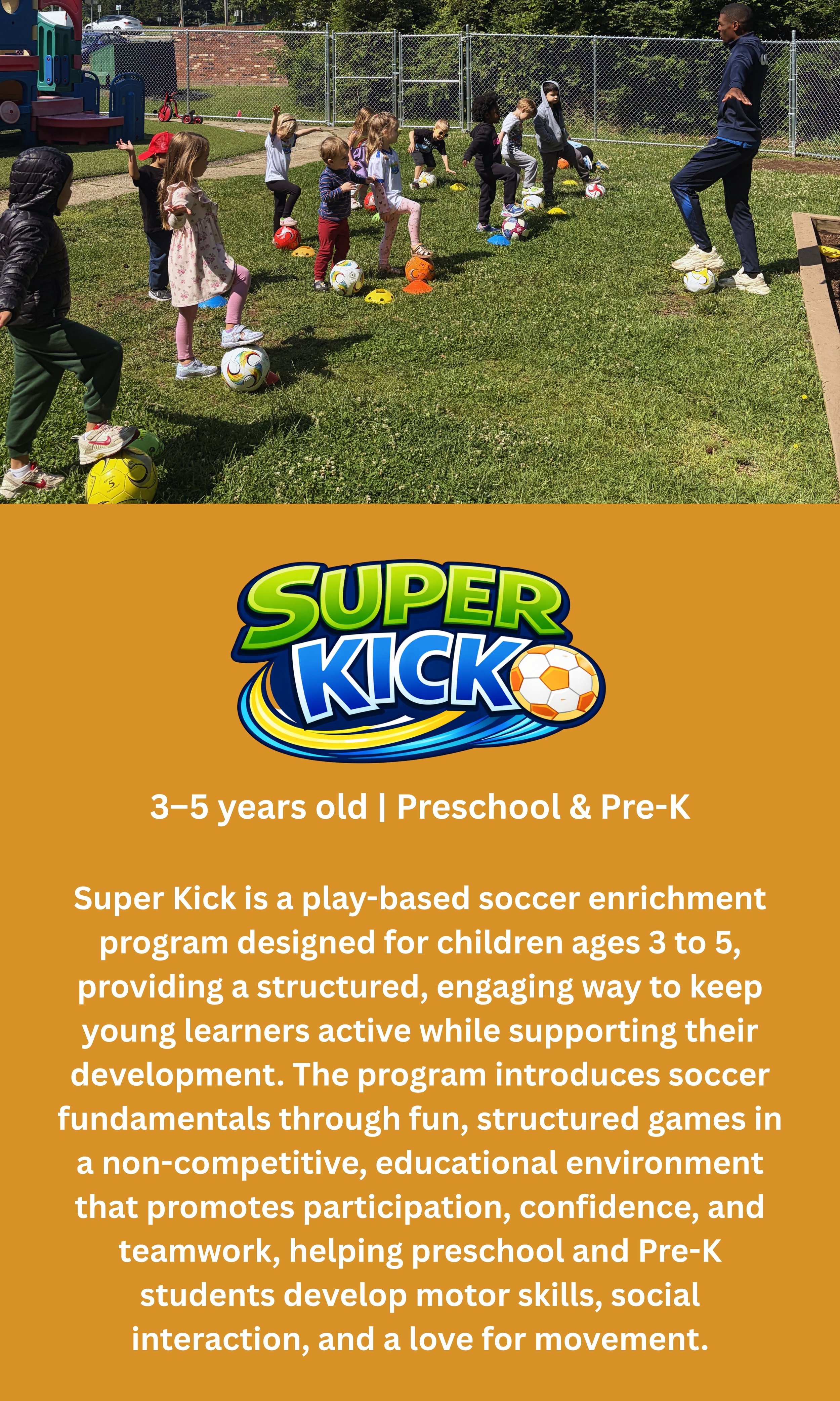 Photo of young children, ages 3 to 5, participating in a soccer activity outdoors, supervised by an adult coach. Children are standing on soccer balls, with some raising their hands, on a grassy field with a chain-link fence and playground equipment in the background.