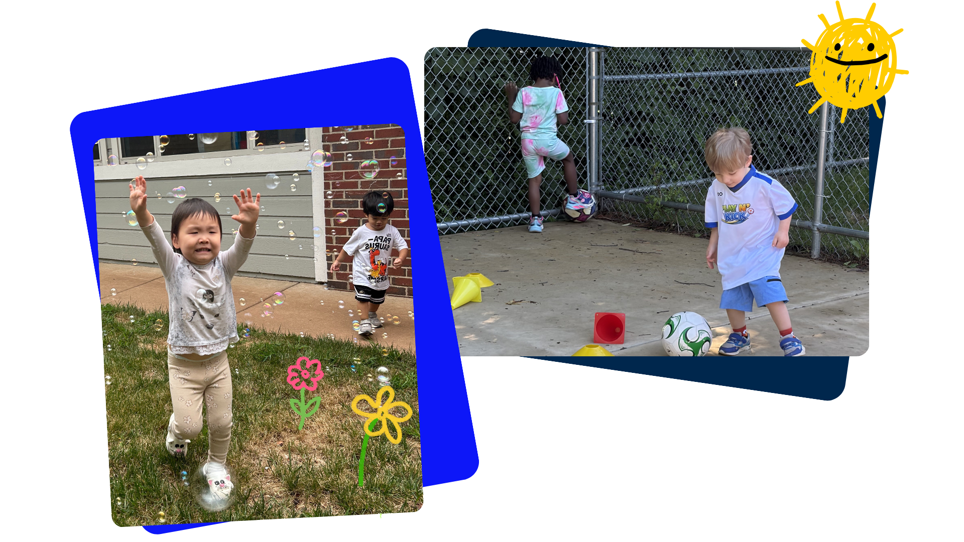 Children playing outside, one running through bubbles on grass and two others near a fence, with a boy about to kick a soccer ball on concrete.