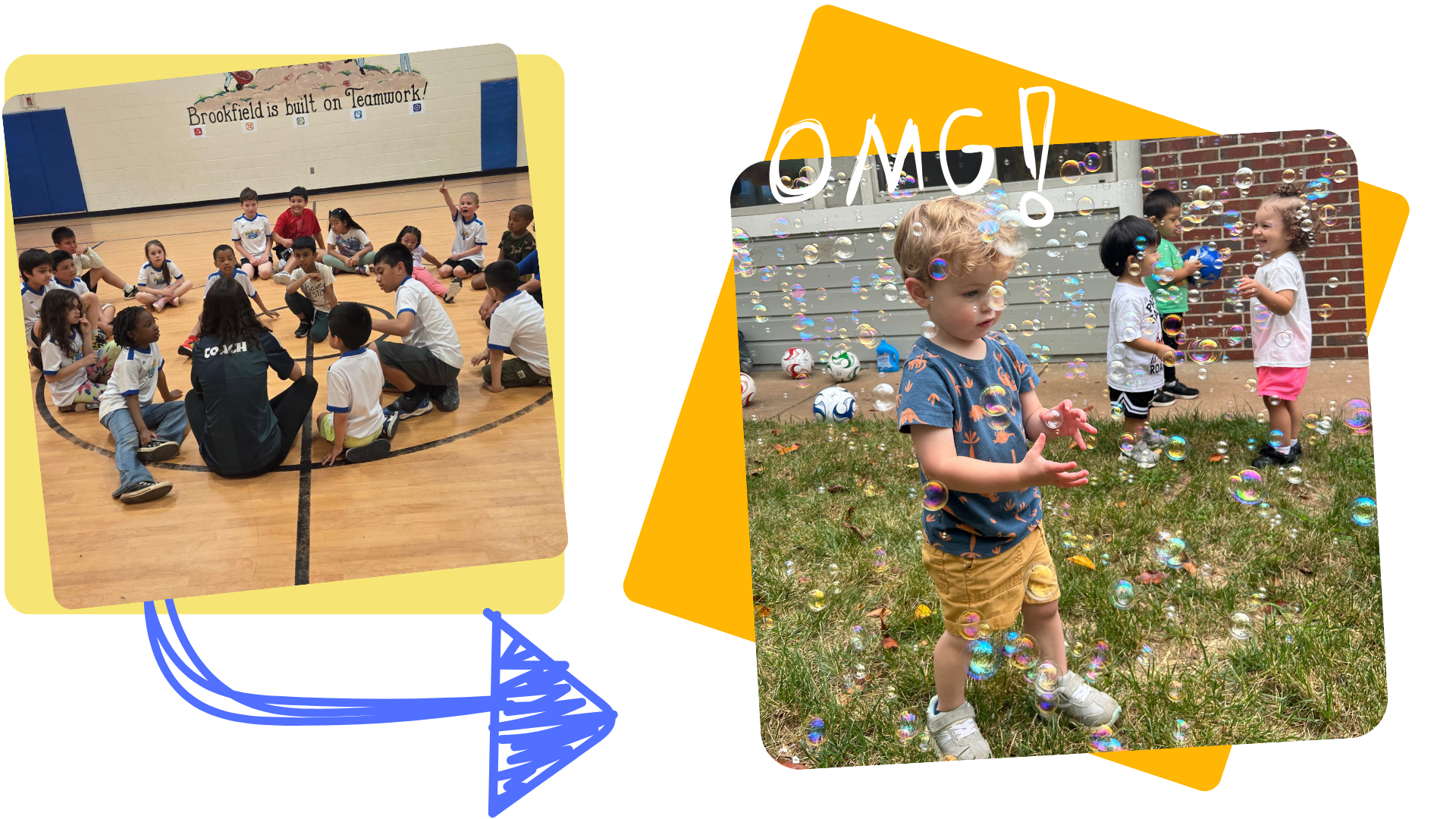 Children playing indoors and outdoors, some sitting in a circle and others surrounded by bubbles
