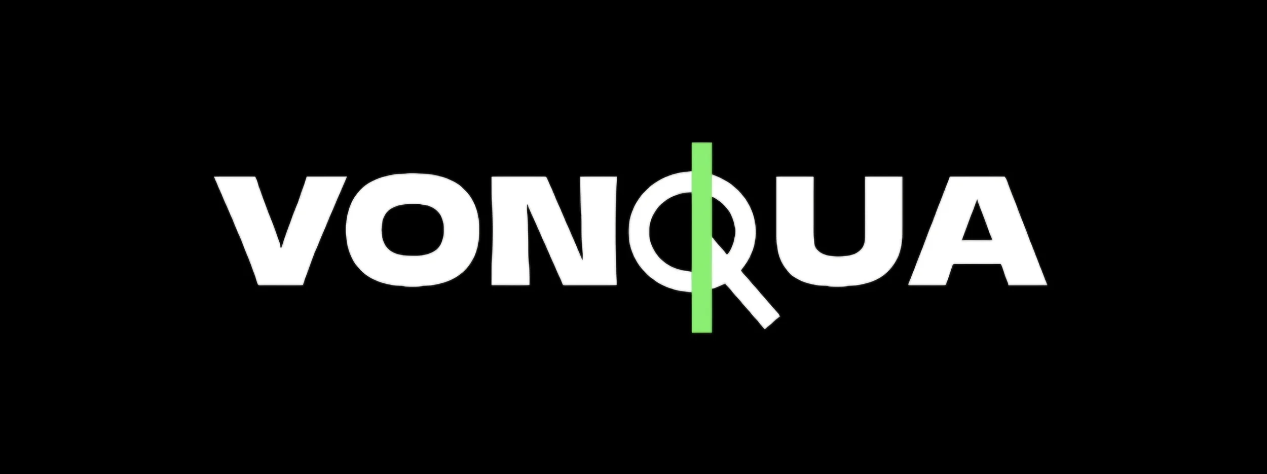 Vonqua's signature minimalistic white text on black background followed by a green vertical line down the letter "Q".