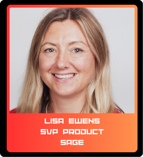 Headshot of Lisa Ewens, SVP Product at Sage, smiling with blonde hair, wearing a red top against a light background.