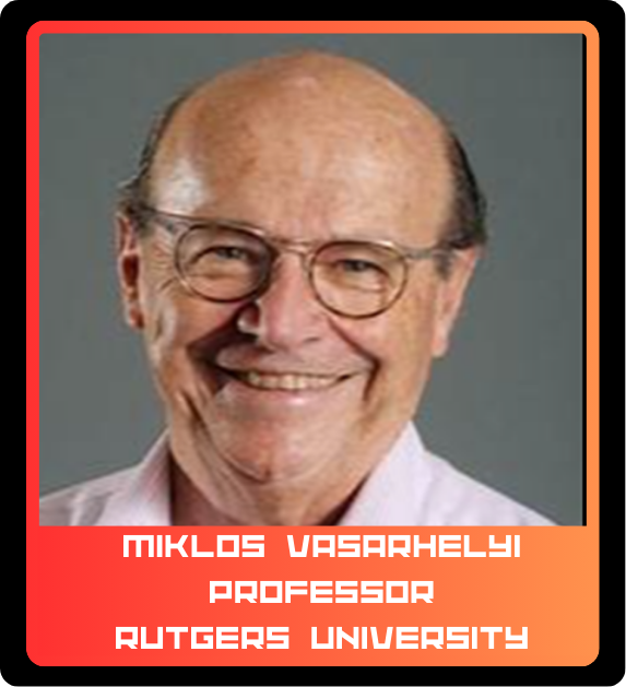 A smiling older man with glasses and a bald head, wearing a white shirt, against a gray background, identified as Miklos Vasarhelyi, Professor at Rutgers University.