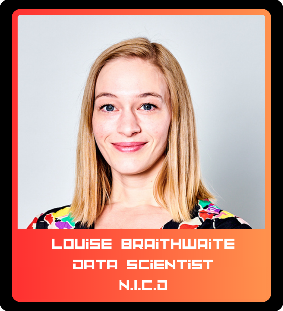Headshot of a woman with shoulder-length blonde hair, smiling, wearing a colorful floral top, and standing against a light gray background. The overlay text reads "Louise Braithwaite, Data Scientist, N.I.C.O."