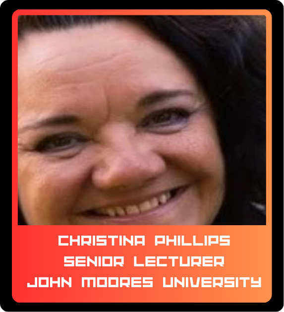 Close-up of a woman smiling with dark hair, wearing makeup, and a red gradient background with white text that reads: 'Christina Phillips, Senior Lecturer, John Moores University.'