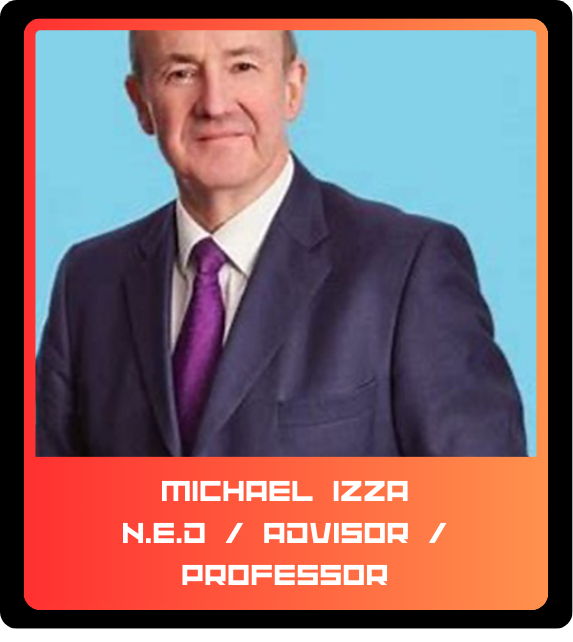 A professional portrait of a man in a dark suit with a purple tie, smiling slightly against a light blue background. The card has a red border and contains the name 'Michael Izza' along with the titles 'N.E.O / Advisor / Professor' in bold white text