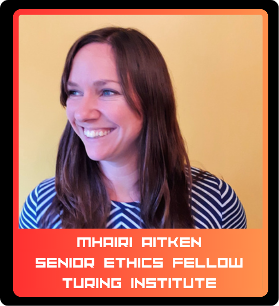 A woman with long brown hair and blue eyes smiling, wearing a blue and white striped shirt, against a yellow background. Caption reads: 'Mhaire Aitken, Senior Ethics Fellow, Turing Institute.'