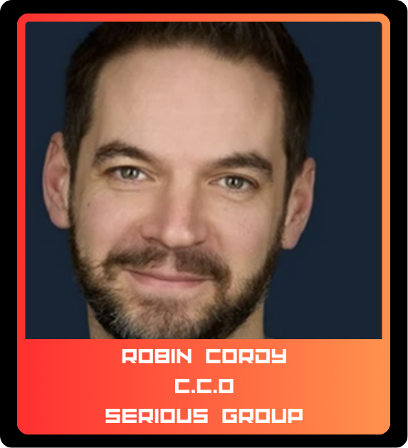 Headshot of a man with short dark hair and a beard, smiling, against a dark background, with a red border. Text reads 'Robin Cody, C.C.O, Serious Group.'