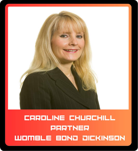 A woman with blonde hair wearing a black pinstripe blazer, smiling at the camera. Text at the bottom reads: 'Caroline Churchill, Partner, Womble Bond Dickinson.'