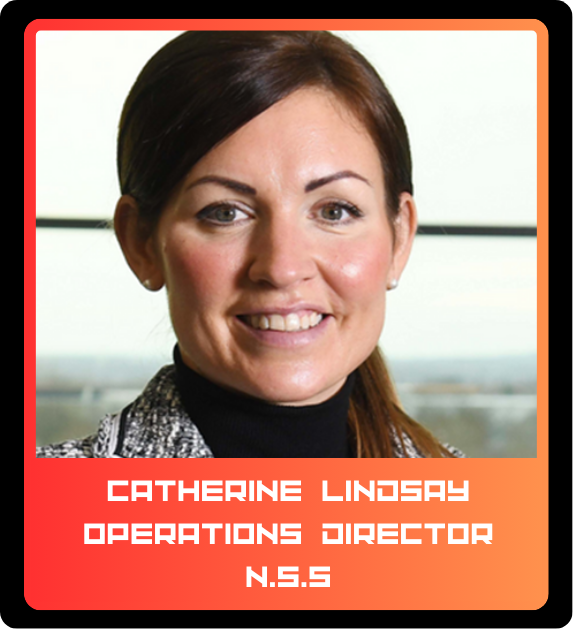 A woman with brown hair in a professional setting, wearing a patterned blazer and a black turtleneck, smiling. The card below her states her name as Catherine Lindsay and her title as Operations Director at N.S.S.
