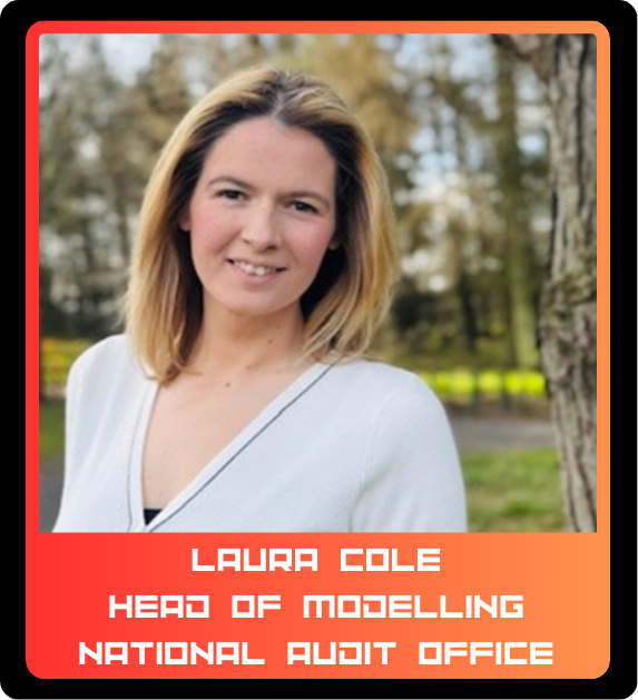 Portrait of Laura Cole, Head of Modeling at the National Audit Office, outdoors with trees in the background, smiling and looking at the camera.