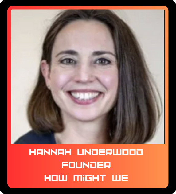 A woman with shoulder-length brown hair smiling at the camera, with a beige background. Text overlay reads: 'Hannah Underwood, Founder, How Might We'.