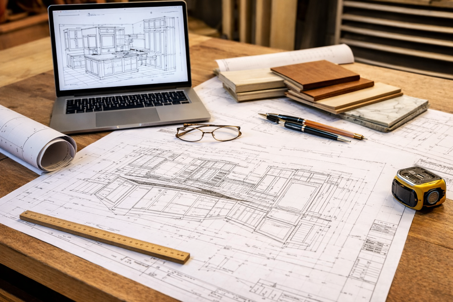 Architectural blueprints and sketches on a large wooden worktable, with a laptop displaying a 3D kitchen design, notebooks, pens, a measuring tape, and eyeglasses.