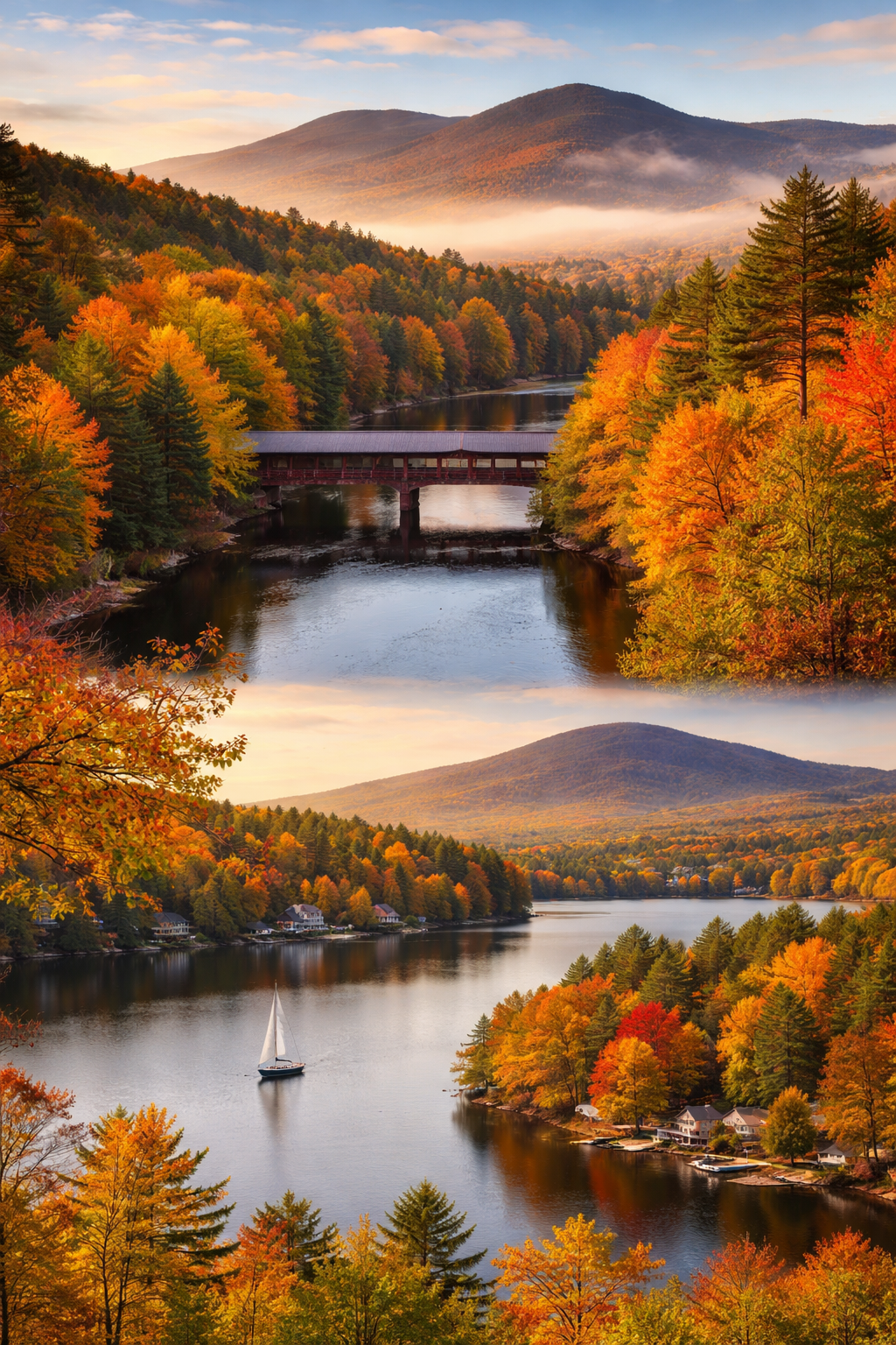 A scenic view of a river surrounded by vibrant autumn foliage, with a mountain in the background, a covered bridge over the river, and houses along the shoreline, under a partly cloudy sky.