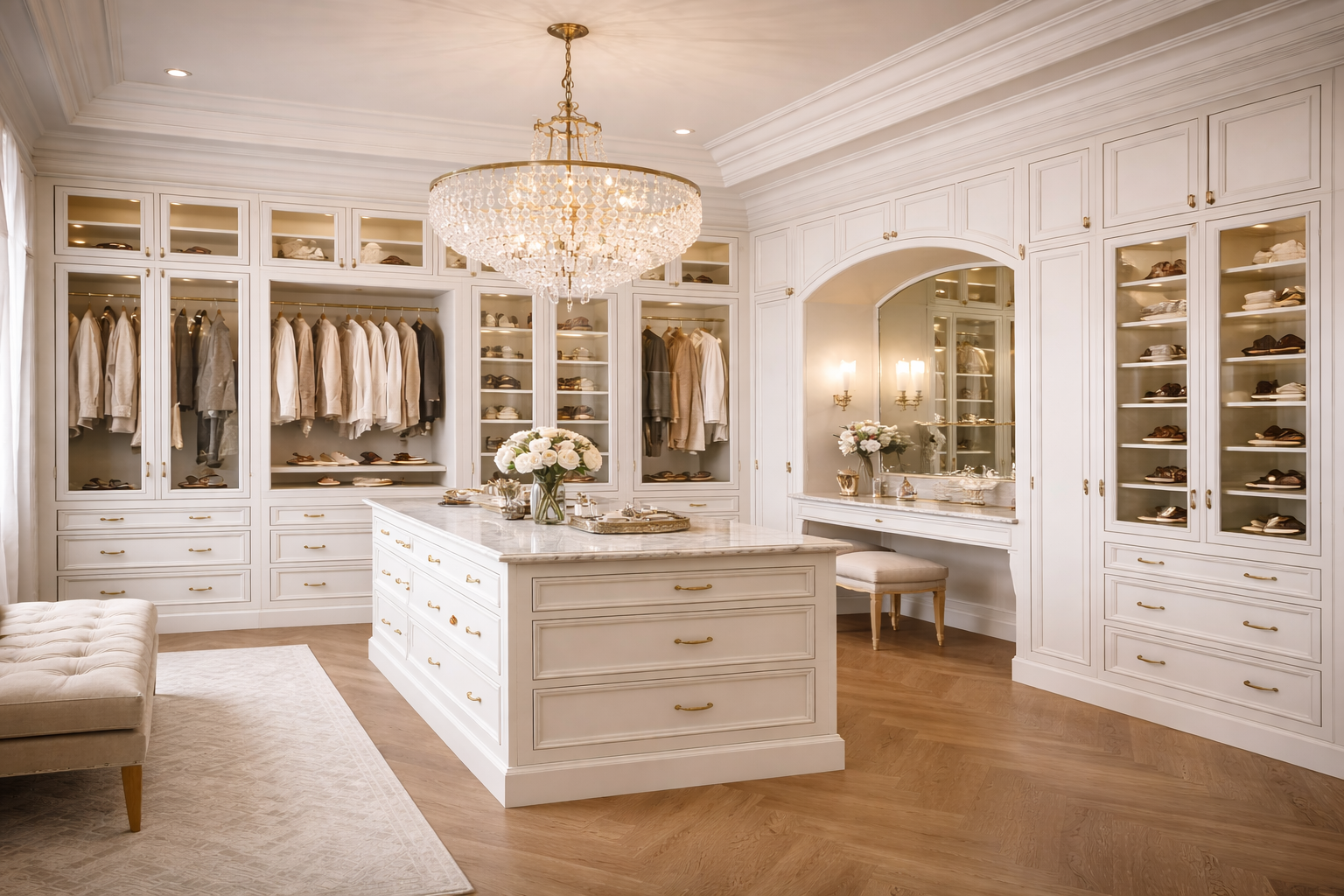 High-end custom walk-in closet featuring built-in cabinetry and tailored storage solutions