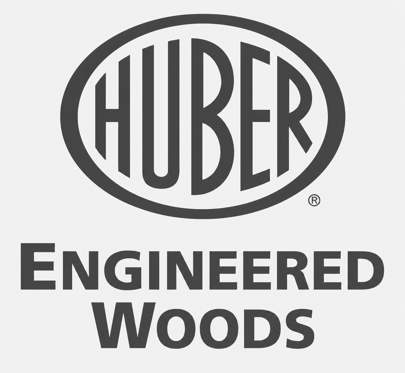 Black and white logo with the word "HUBER" inside an oval, and the text "ENGINEERED WOODS" below.
