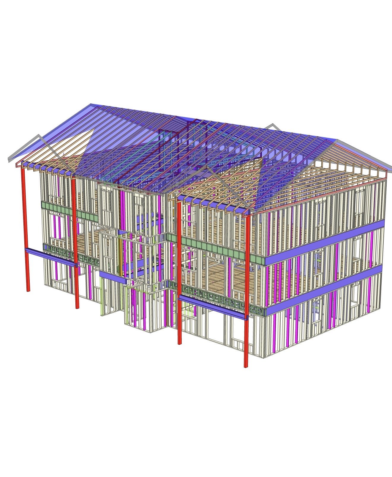 3D model of a multi-story house frame under construction, showing wooden beams, roof structure, and support columns.