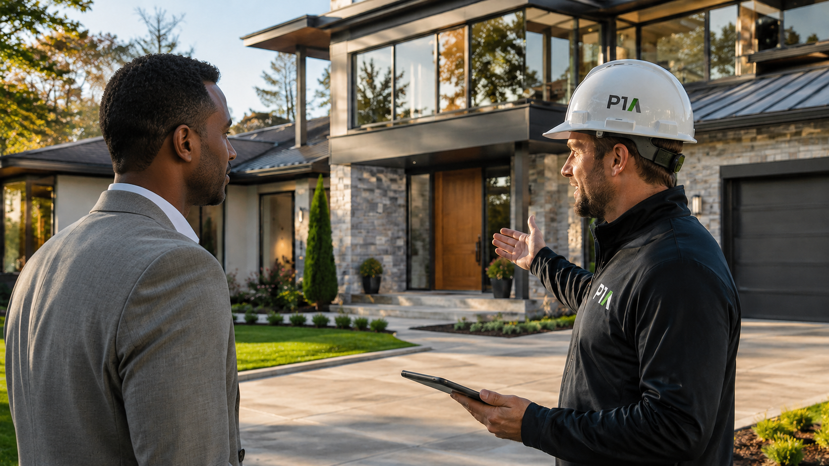 A man in a suit converses with a construction worker in a hard hat outside a modern house with a landscaped yard.