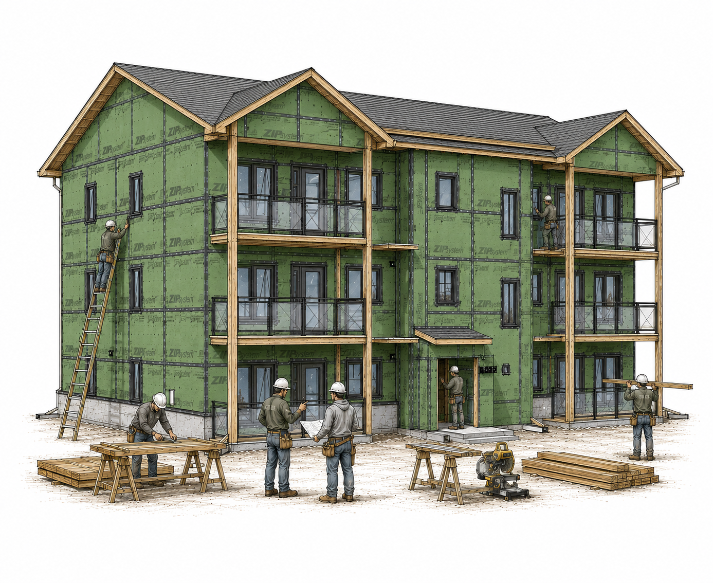 Illustration of a multi-story residential building under construction with workers installing siding and other tasks on different floors, surrounded by construction tools and materials.