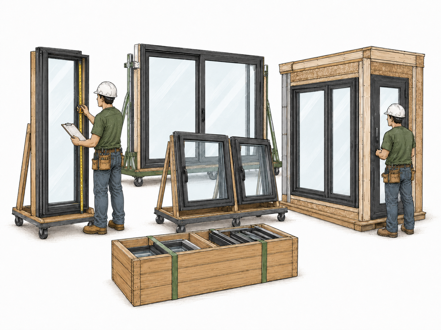 Illustration of a worker measuring and inspecting sliding glass doors and window frames at a construction site, with additional frames and materials nearby.