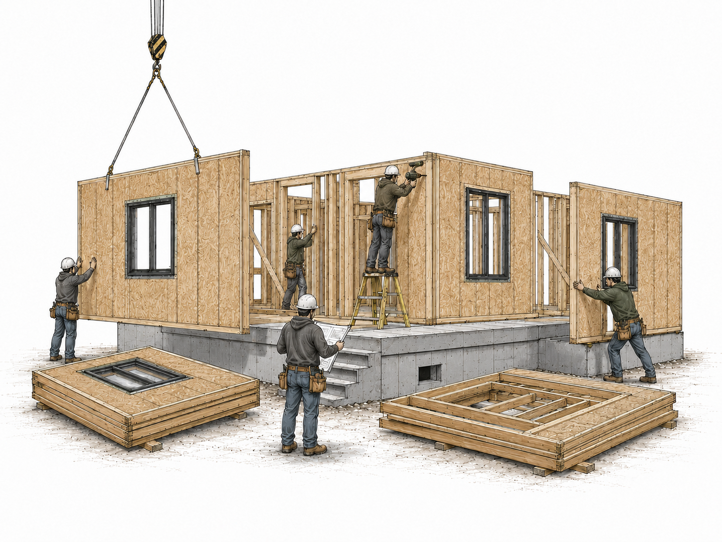 Construction workers building a wooden house frame on a concrete foundation, with tools and materials around, and a crane lifting a wall panel.