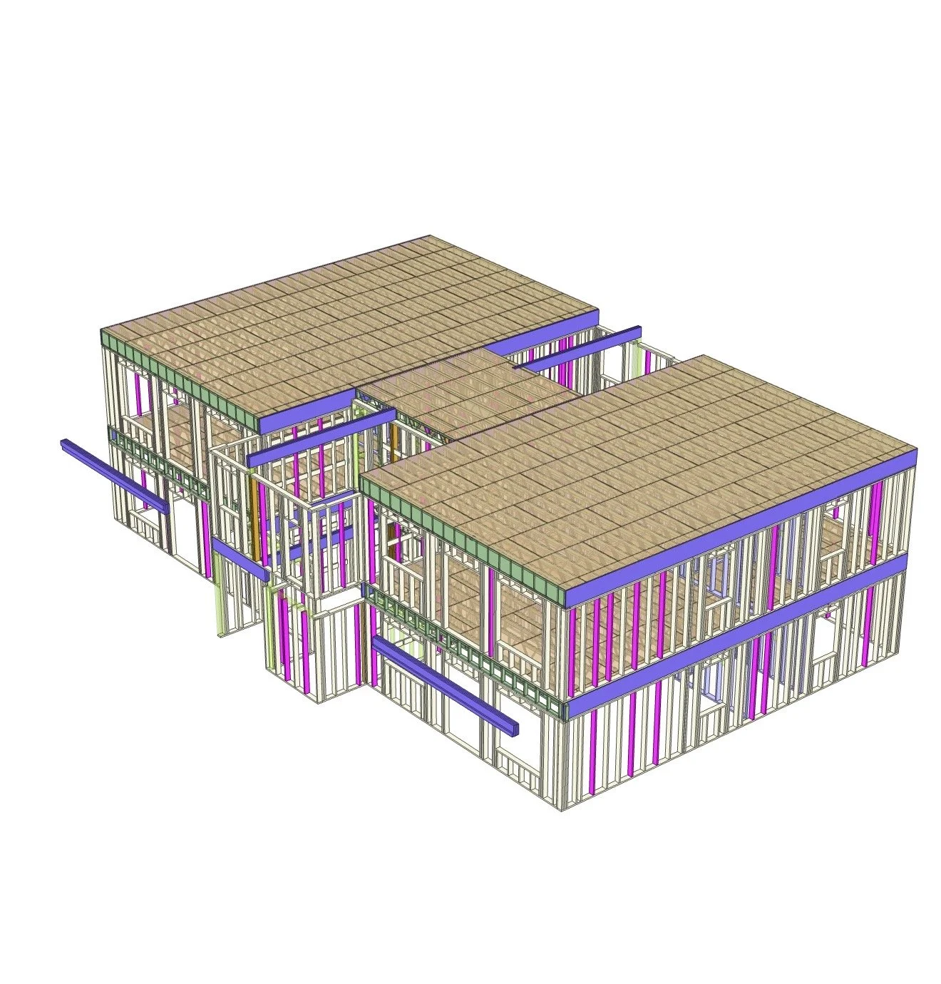 3D model of a two-story house under construction, showing the wooden framing and roof structure.