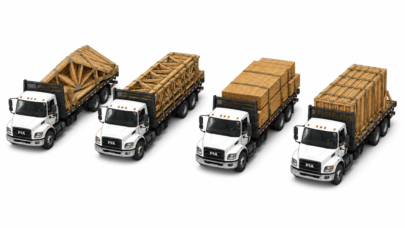 Four white trucks parked side by side, each loaded with different types of wooden construction materials.