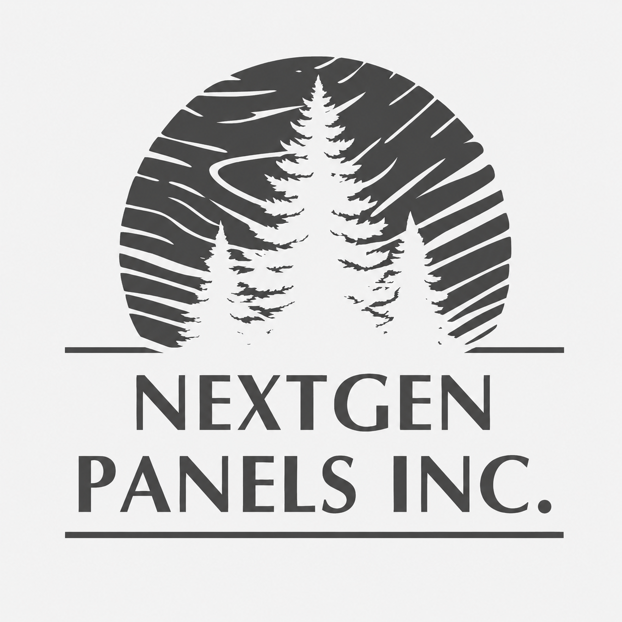A black and white logo featuring three pine trees with a circular background, and the text 'NextGen Panels Inc.' below the trees.
