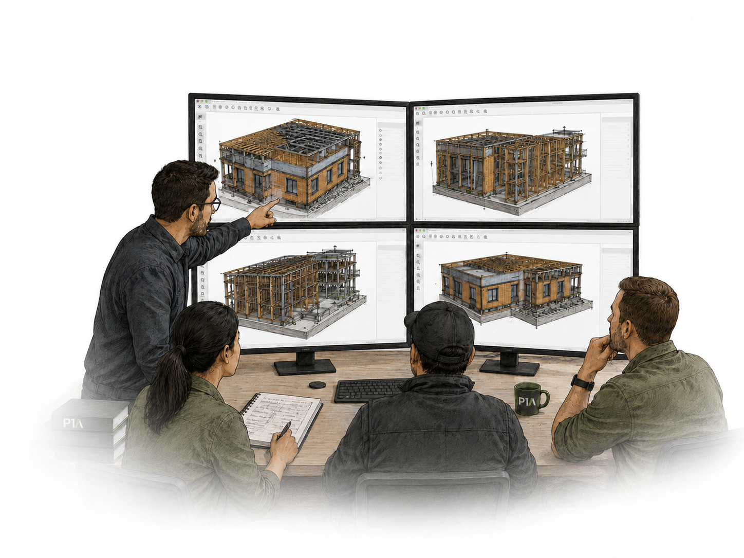 A team of four architects or engineers reviewing building designs on four large monitors showing 3D models of a house under construction.