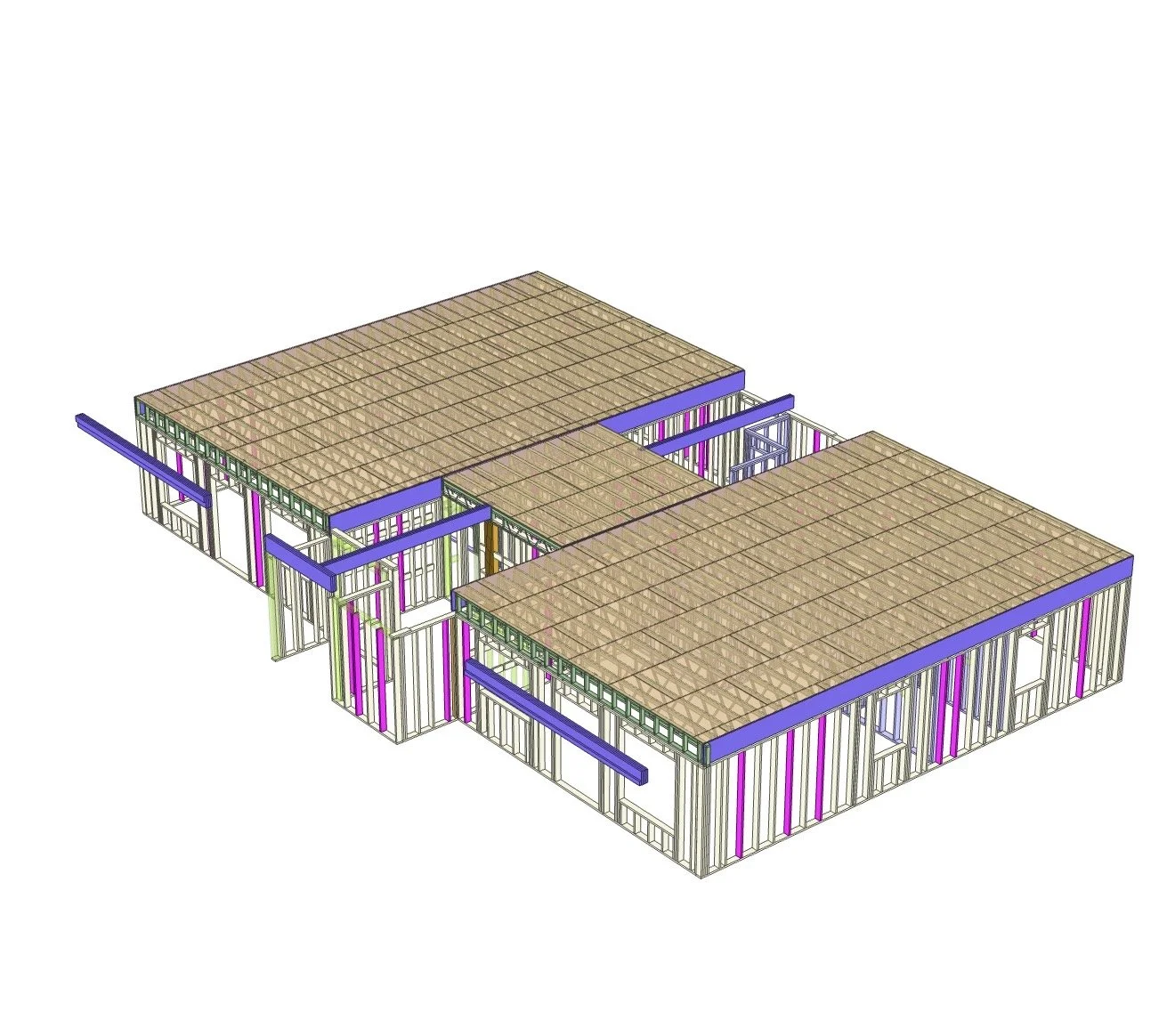 3D rendering of a building under construction with wooden roof trusses and metal framing, including some purple and pink structural elements.
