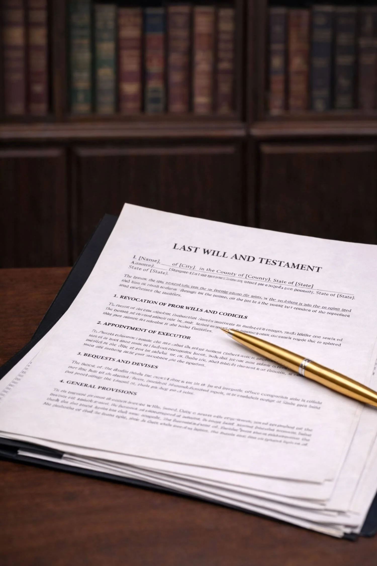 Last Will and Testament legal document on a wooden desk with a gold pen and law books in the background, symbolizing estate planning and inheritance documentation.