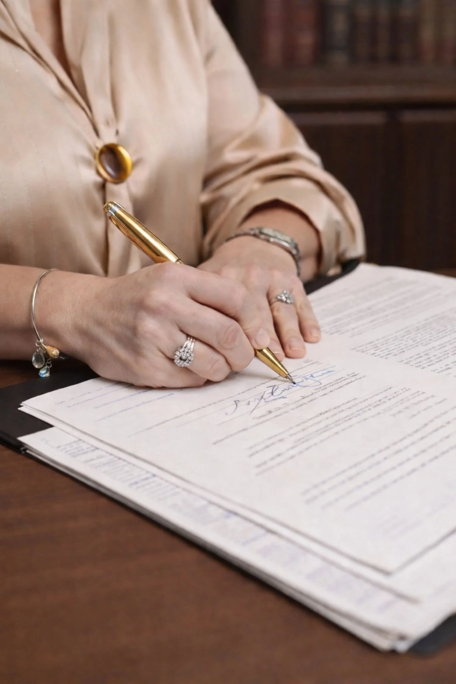 Manos de mujer profesional firmando documento legal con pluma dorada sobre escritorio de madera, con estantería de libros jurídicos desenfocada al fondo.