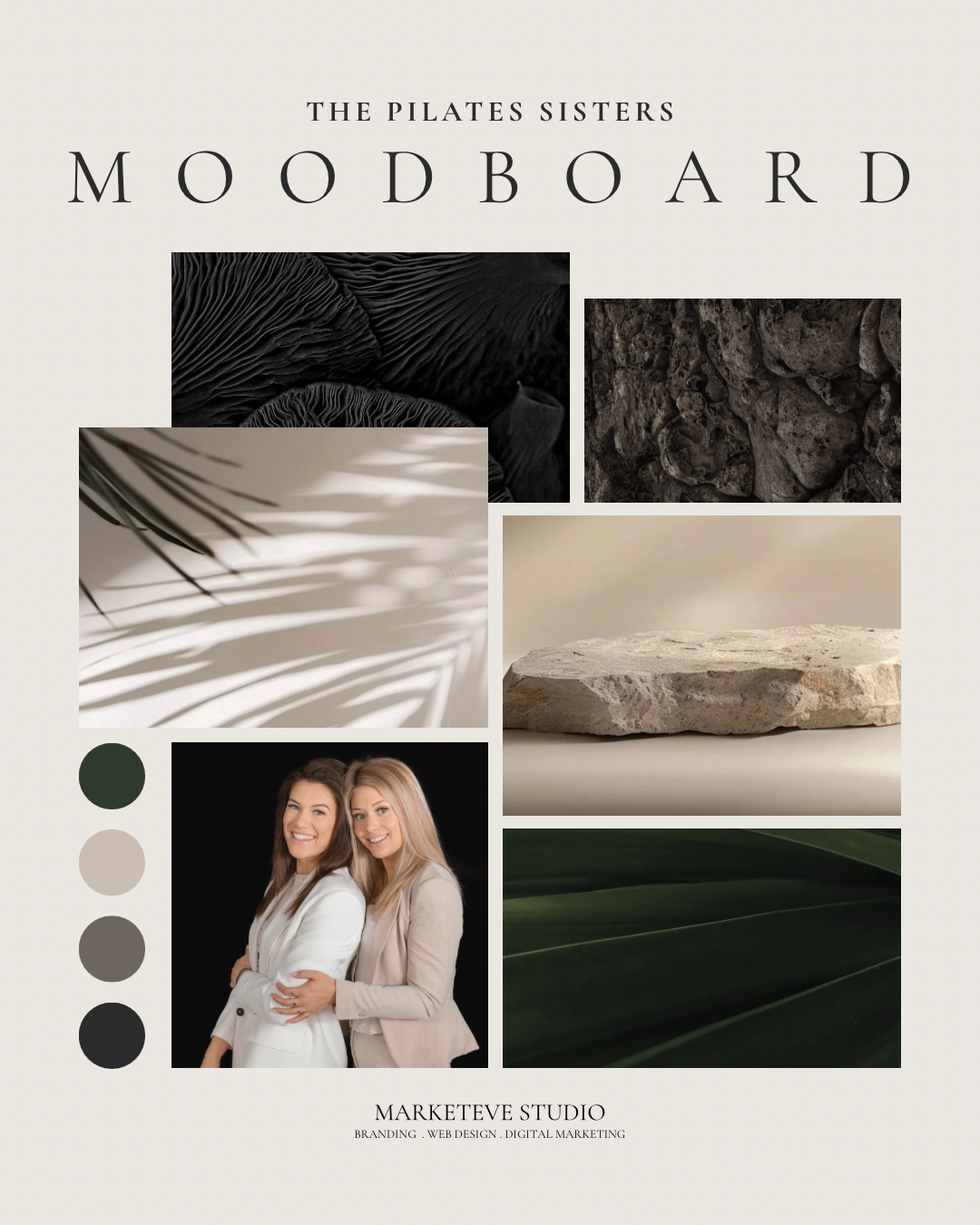 Ein Moodboard mit Naturtexturen, Pflanzen, Steinen und zwei lächelnden Frauen, gestaltet für Branding, Webdesign und digitales Marketing.