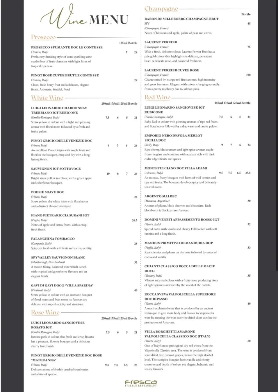 Wine menu featuring sections for Prosecco, White Wine, Red Wine, and Rosé Wine with descriptions and prices