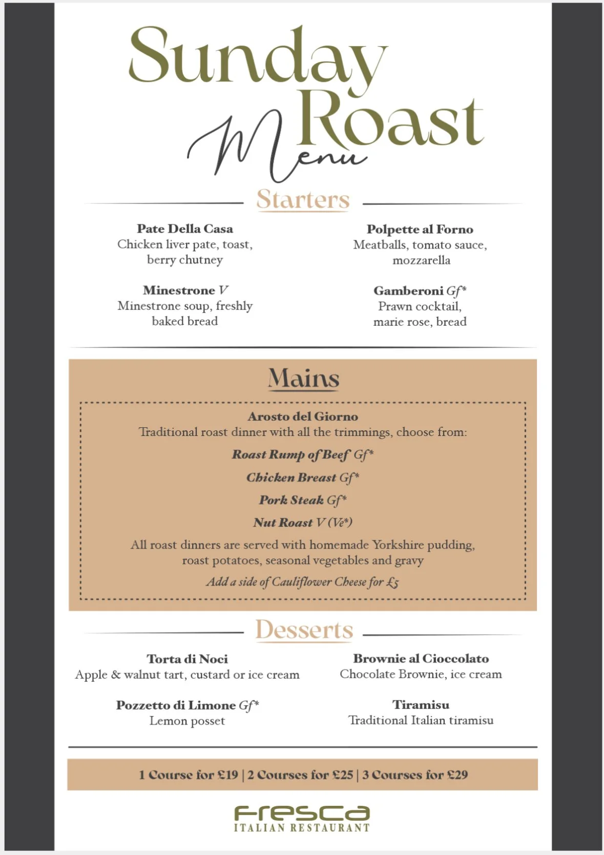 Sunday Roast menu from Fresca Italian Restaurant, listing starters, mains, desserts, and pricing.