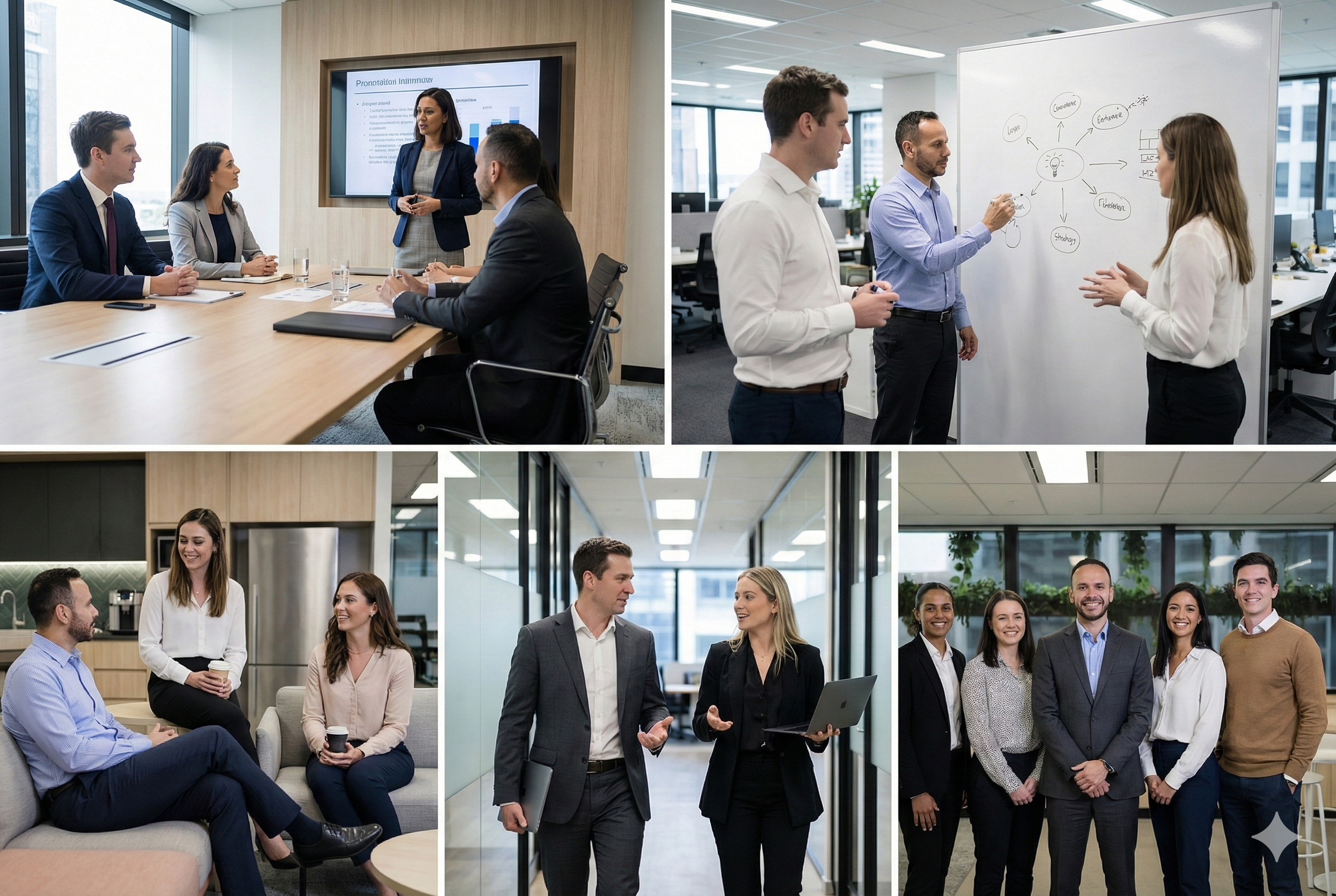 Coleção de fotos de reuniões e interações profissionais em ambiente de escritório.