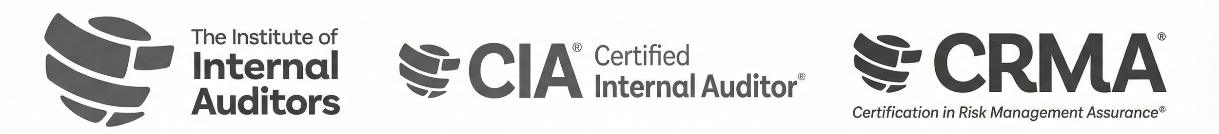 Logotipos de instituições de certificação e auditoria, incluindo The Institute of Internal Auditors, CIA, e CRMA.