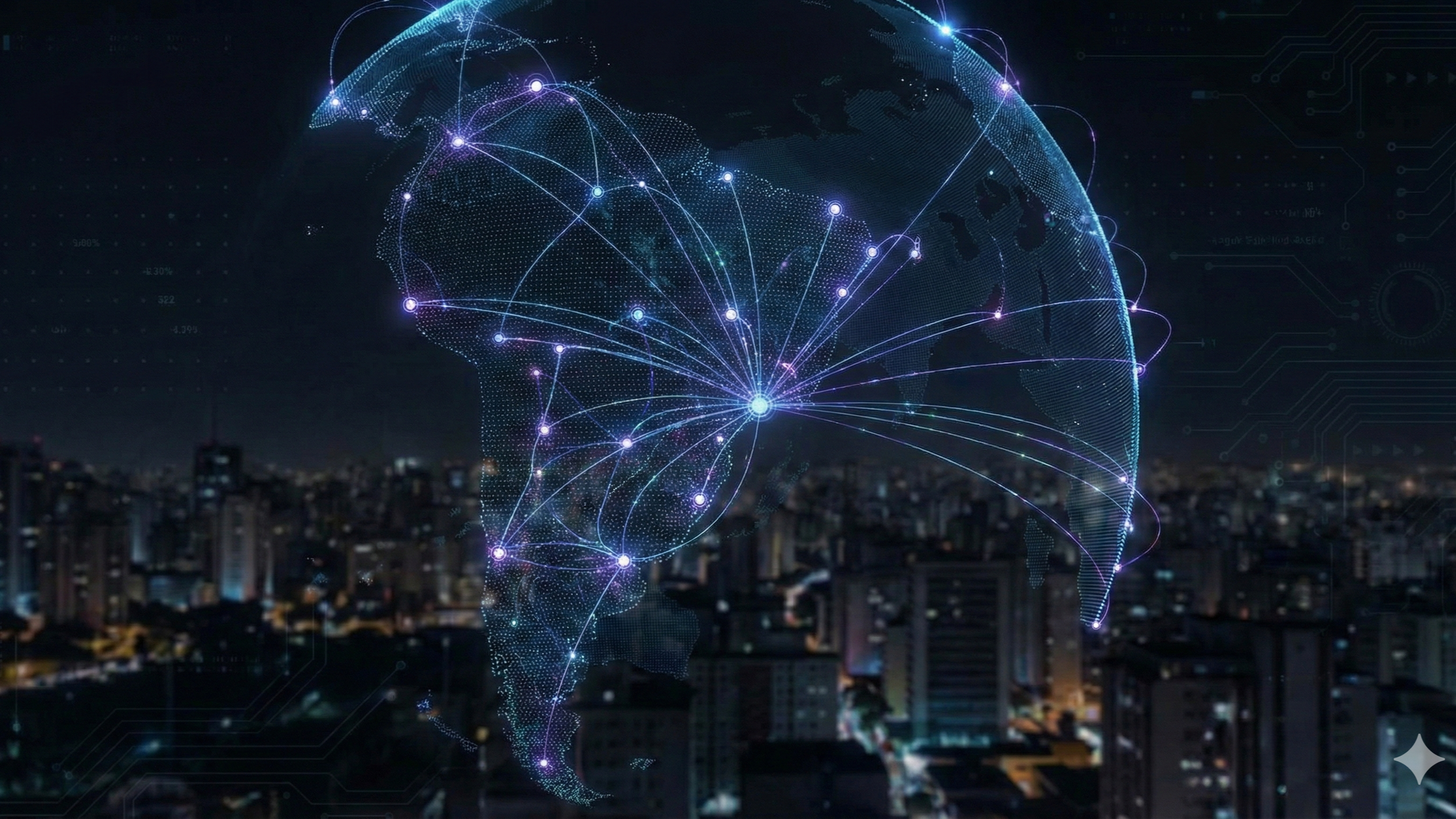 Mapa digital do Brasil com pontos e linhas conectando diferentes regiões, representando rede ou tecnologia, sobre uma cidade à noite