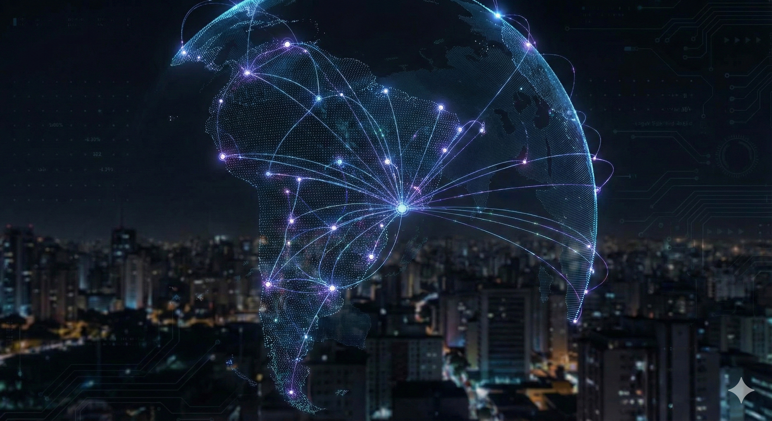Mapa digital do Brasil com conexões de pontos brilhantes, ilustrando a inteligência artificial ou a tecnologia de redes, sobre um fundo de cidade à noite.