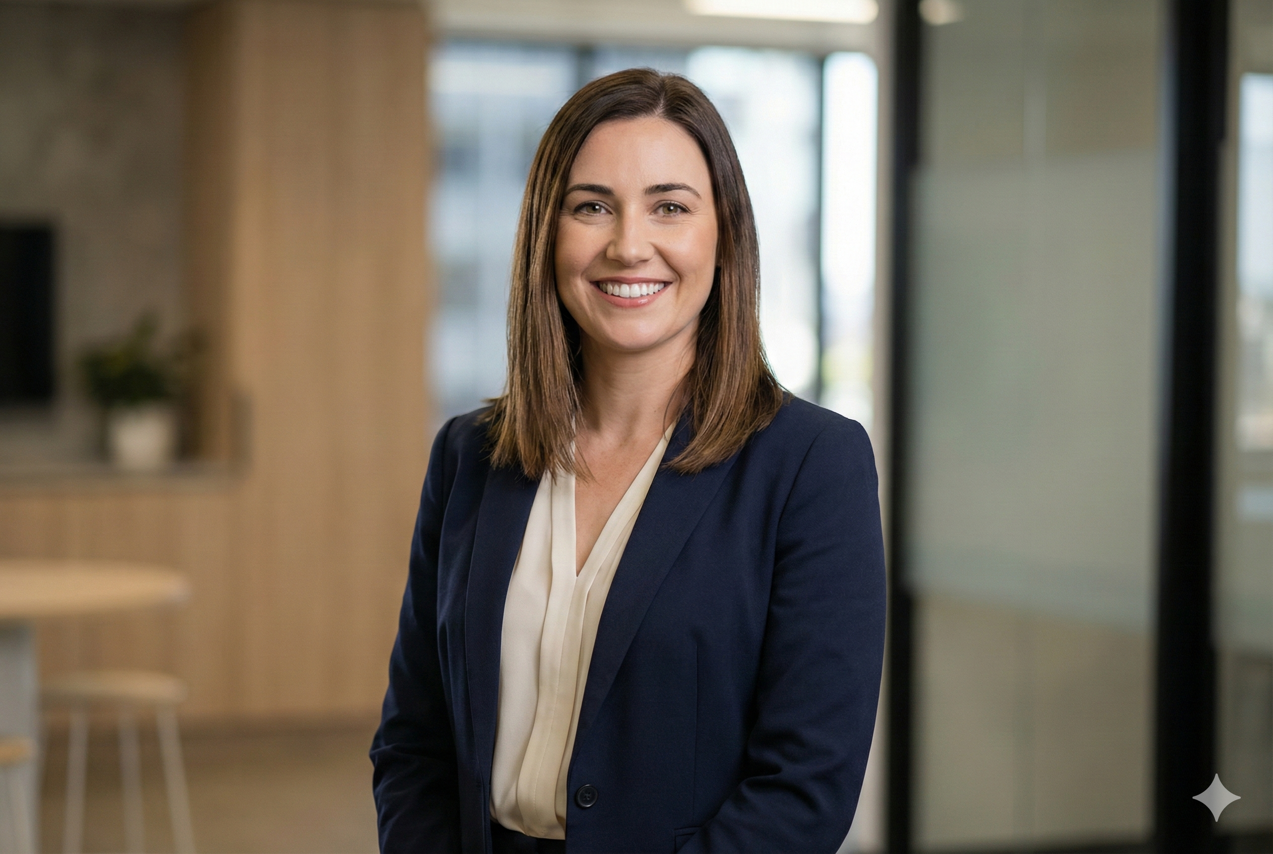Mulher sorridente com cabelo castanho, usando blazer azul escuro e blusa bege, em ambiente de escritório moderno que representa professionalismo.