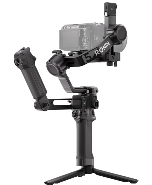 A professional camera stabilizer rig with a mounted camera and a camera control grip, designed for smooth video footage.