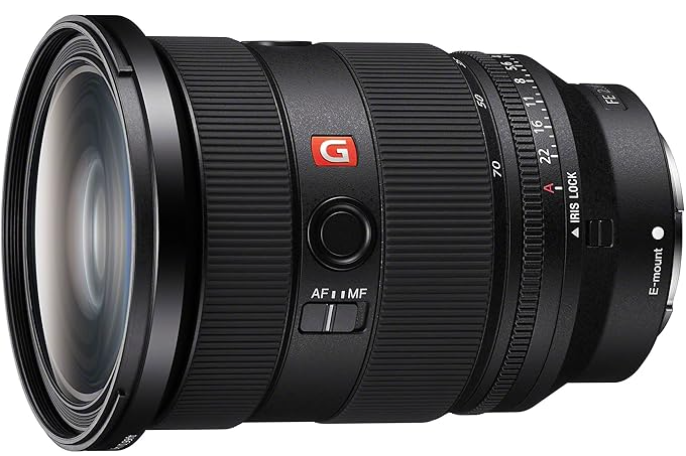 A professional camera lens with various control rings and a red 'G' logo, designed for high-quality photography.
