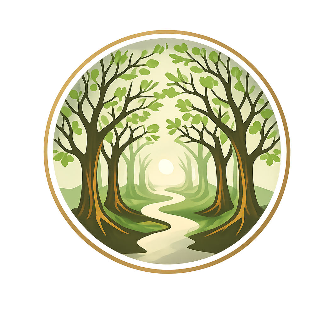 Illustration of a forest path with trees and sunlight in a circular frame
