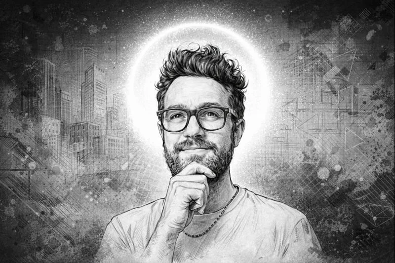 Black and white digital artwork of a man with glasses, a beard, and curly hair, with a glowing halo behind his head, set against a cityscape background with abstract geometric patterns.