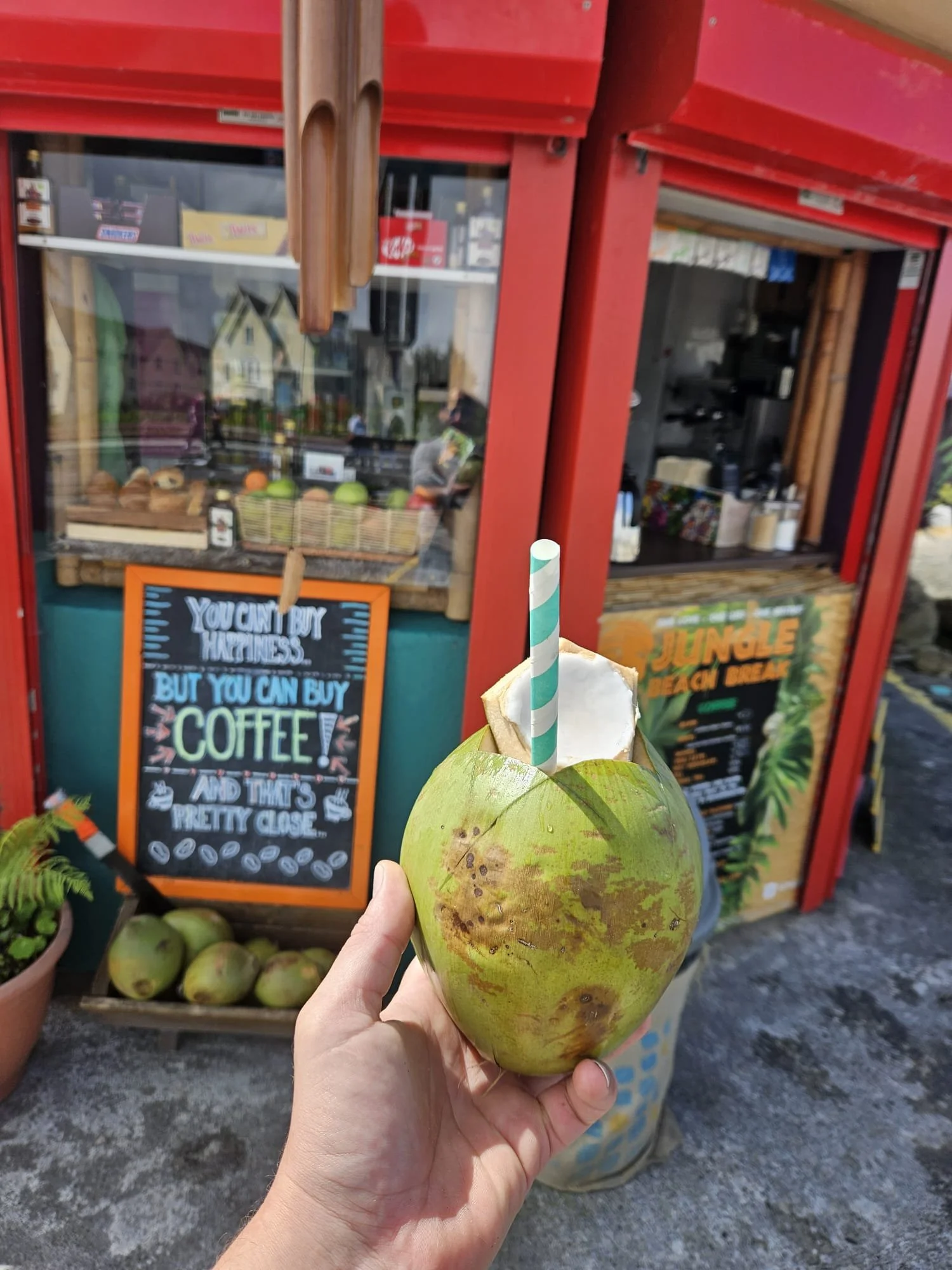 Person holding a fresh green coconut with a striped straw at a food stand with fruit displays and signs.