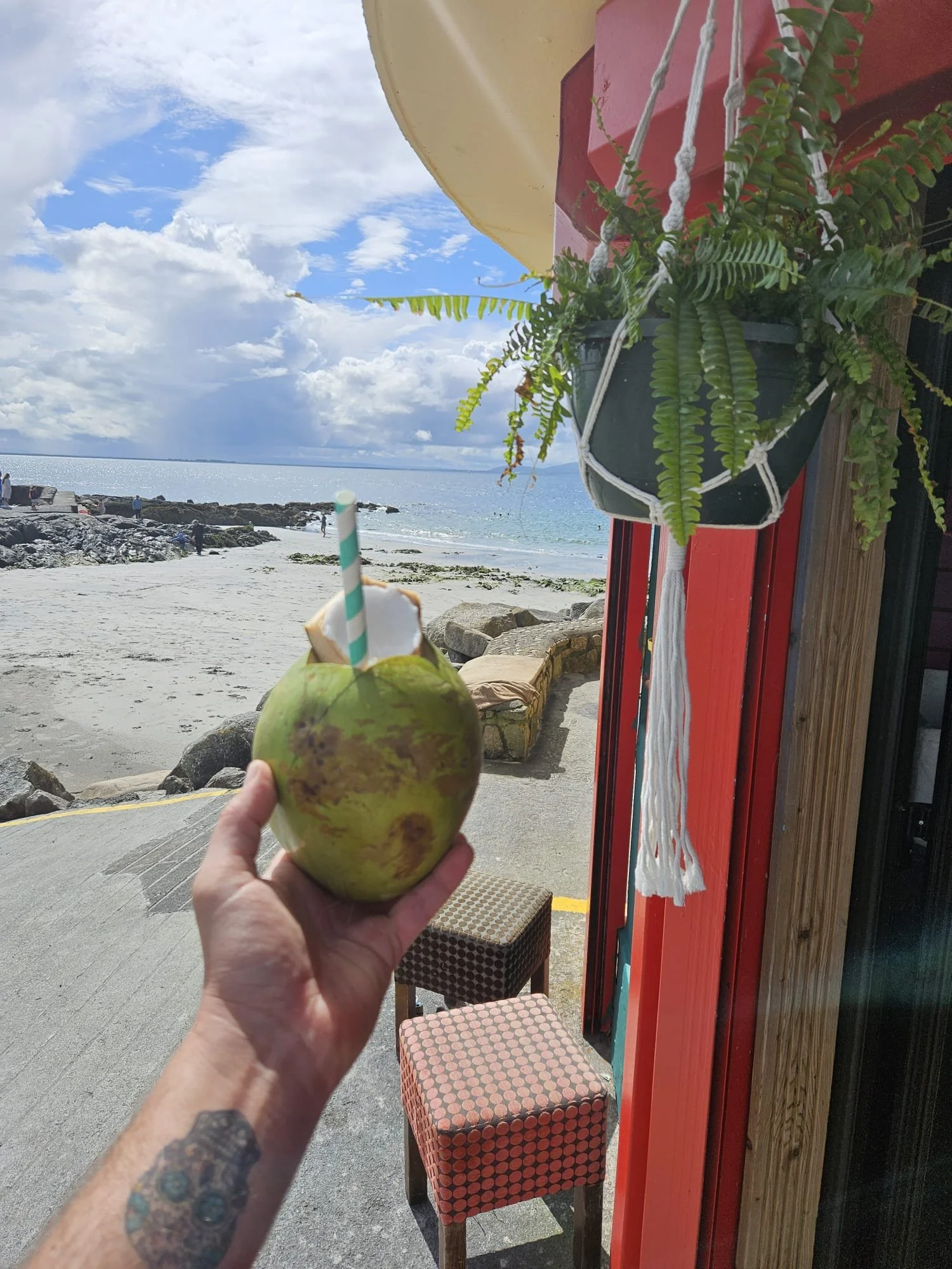 A person holding a coconut with a straw at a seaside outdoor cafe, with the beach and ocean in the background and a cloudy sky.