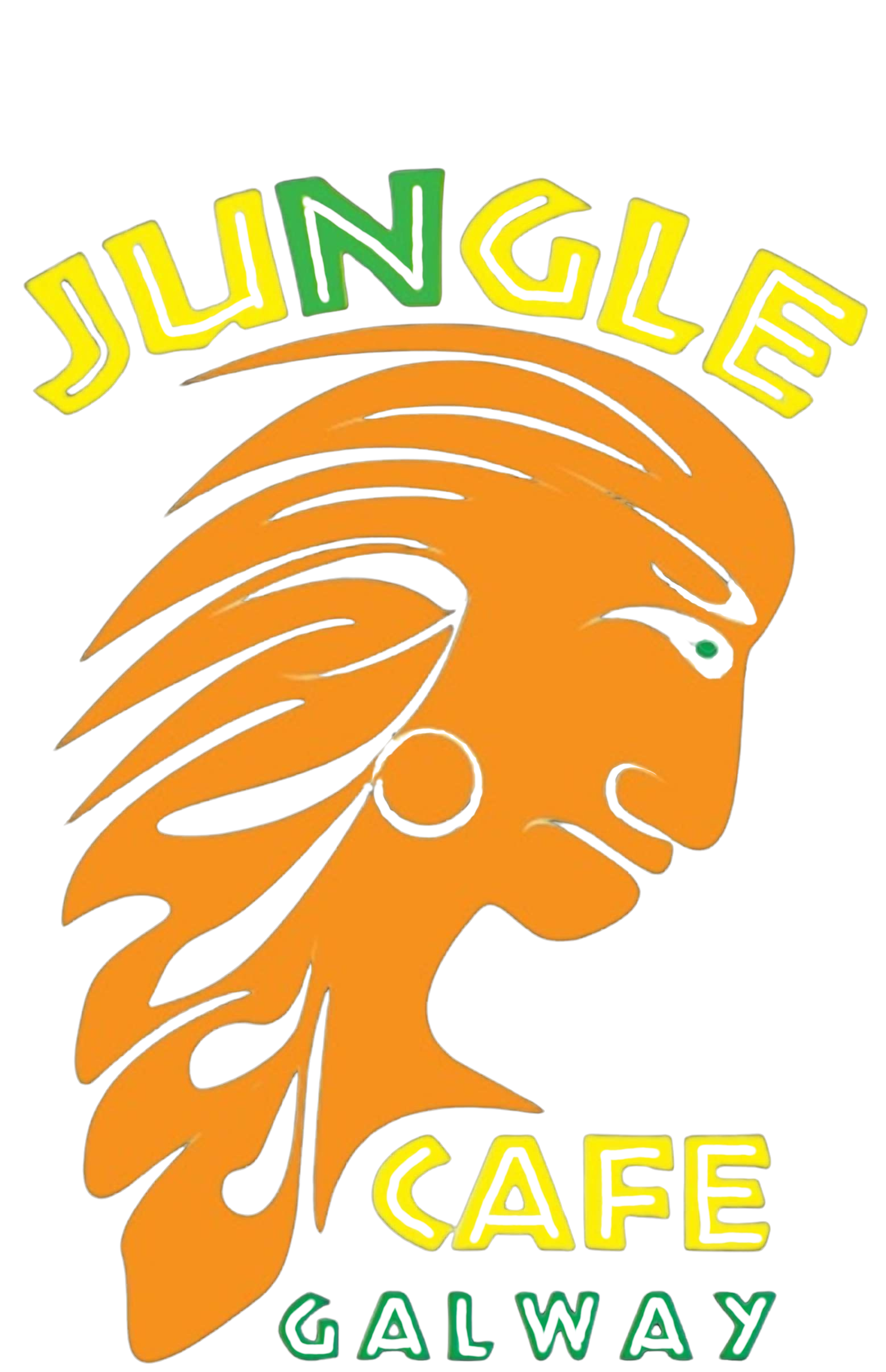 Colorful neon sign with a stylized lion's head and the words 'Jungle Cafe Galway' displayed.