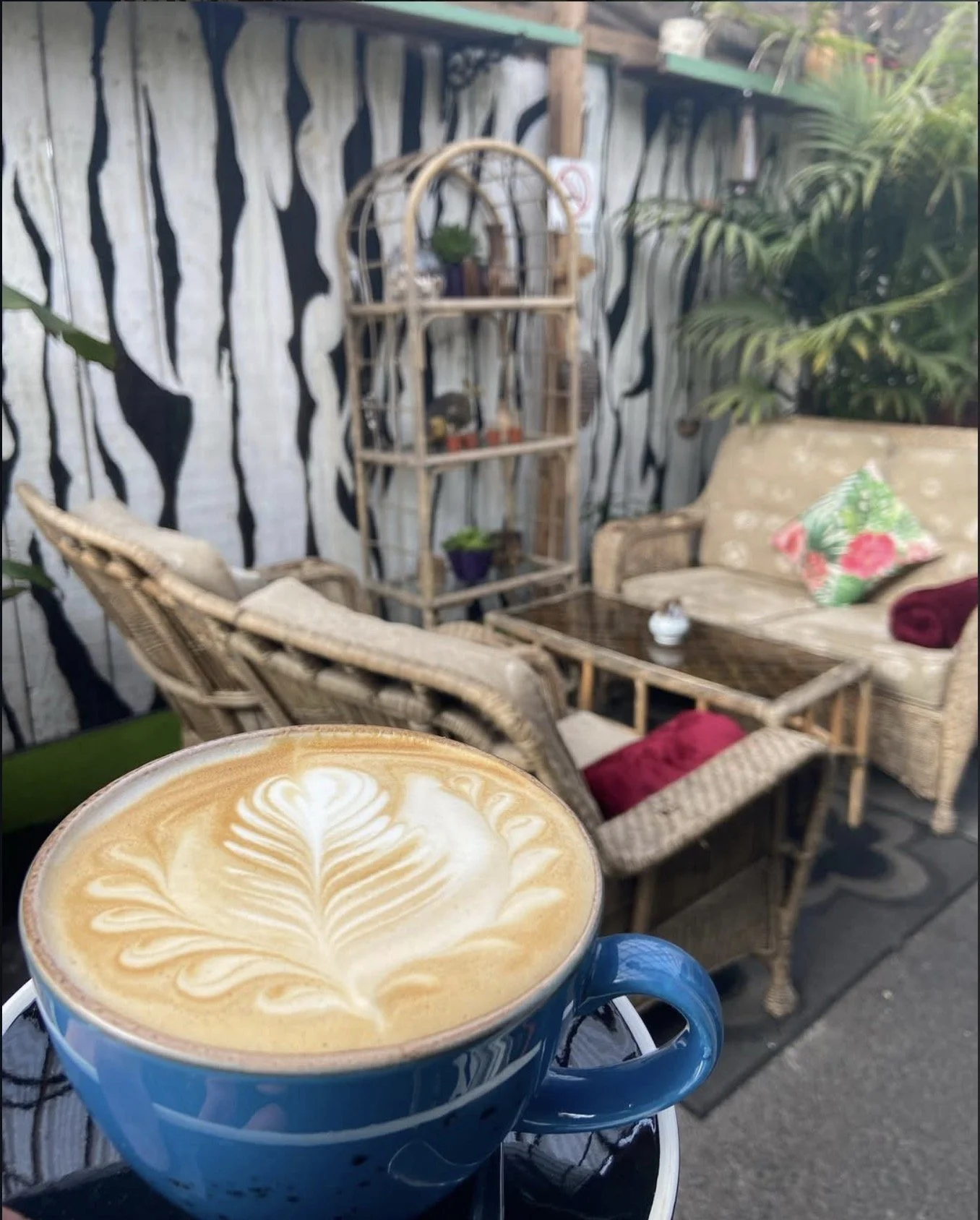 A blue coffee mug with latte art on a table, with an outdoor patio setting in the background, including wicker chairs, a glass-topped table, a bamboo shelf with plants, a decorated pillow, and tropical plants.