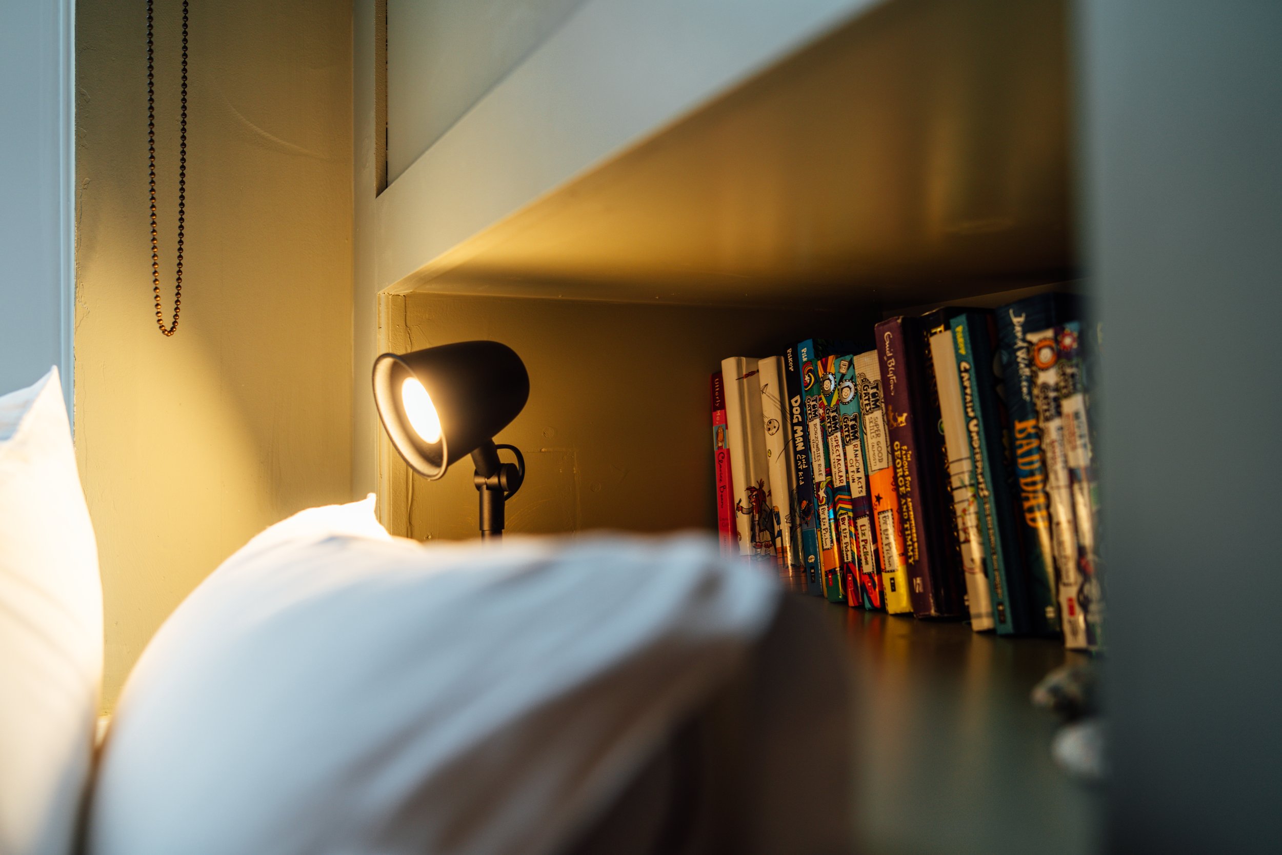 View of a bookshelf with a row of colorful books and a black adjustable reading lamp turned on, illuminating the books.