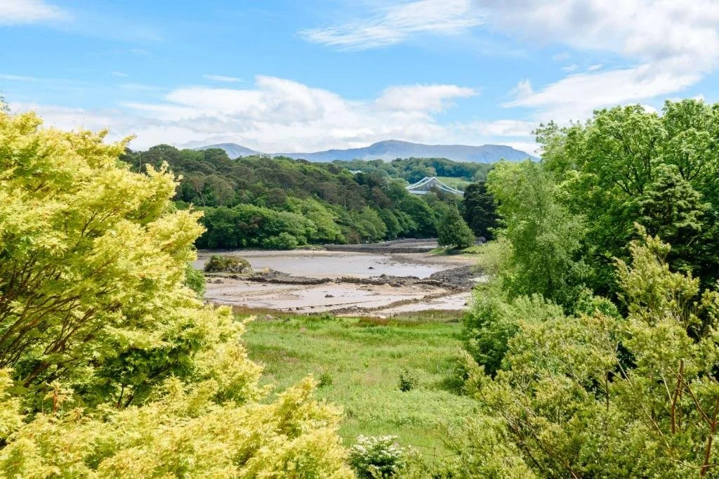 Lush green trees and bushes surround a river that appears to be low, with exposed rocks and sandbanks, under a partly cloudy sky with mountains in the background.