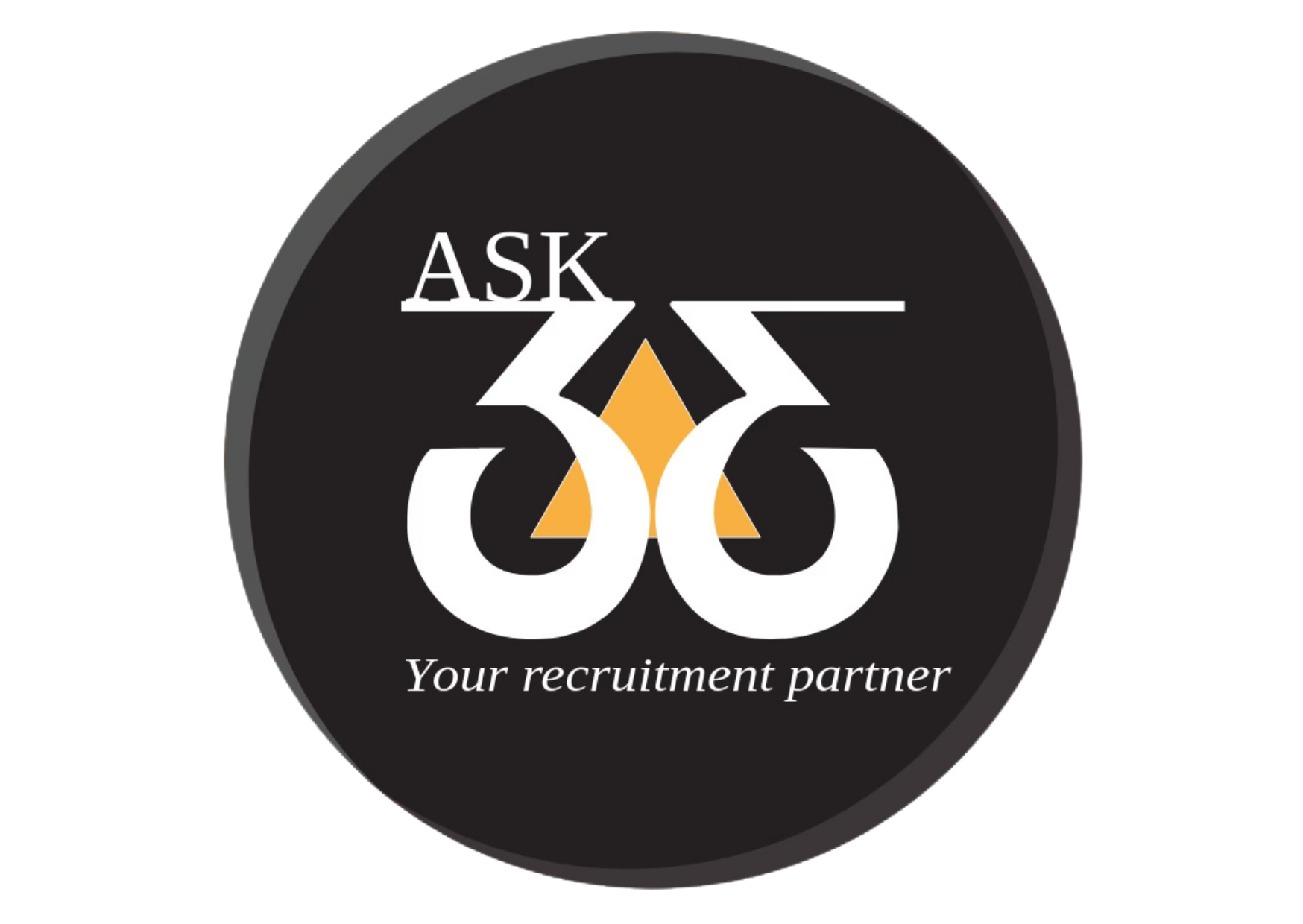 A logo with the text 'ASK 36' and a tagline 'Your recruitment partner', featuring a black circle with a gold triangle in the background.